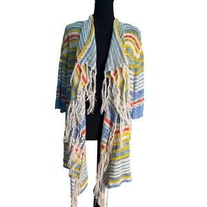Ruby Rd Woman 2X Striped Fringe Open Front Cardigan Blue Yellow Boho Knit